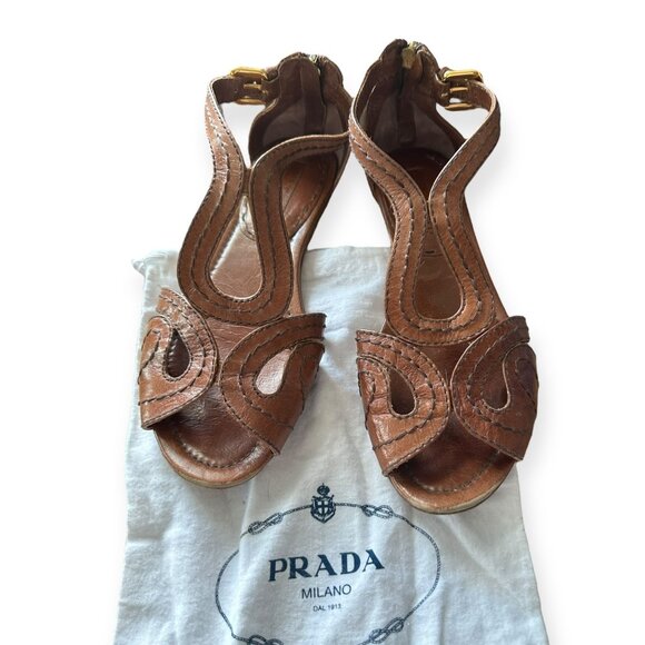 Prada Flat Gladiator Sandals, Brown Leather, Size 38.5 EU, with a Dust Bag - Picture 1 of 11